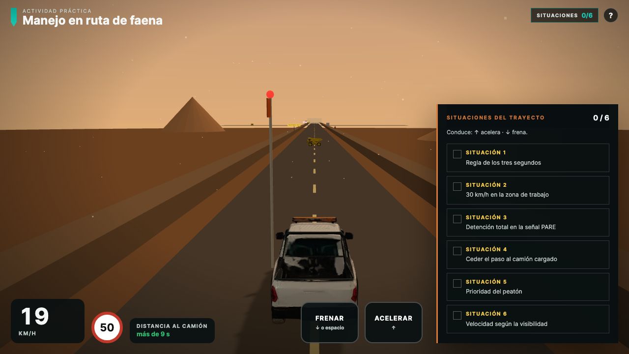 Escena real del simulador: camioneta detrás de un camión de extracción en el camino interno