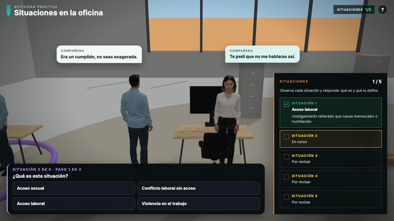 Escena real de la oficina con dos personas conversando y sus globos de diálogo