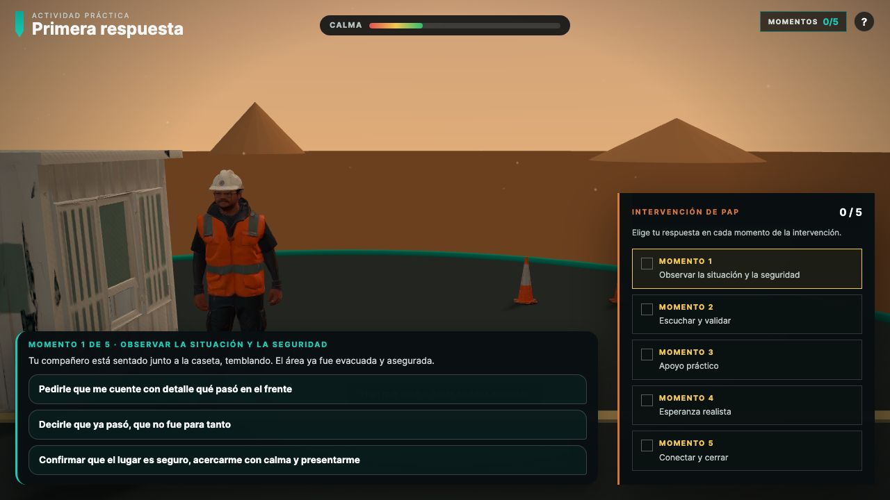 Escena real de la conversación de apoyo con el compañero afectado y el medidor de calma