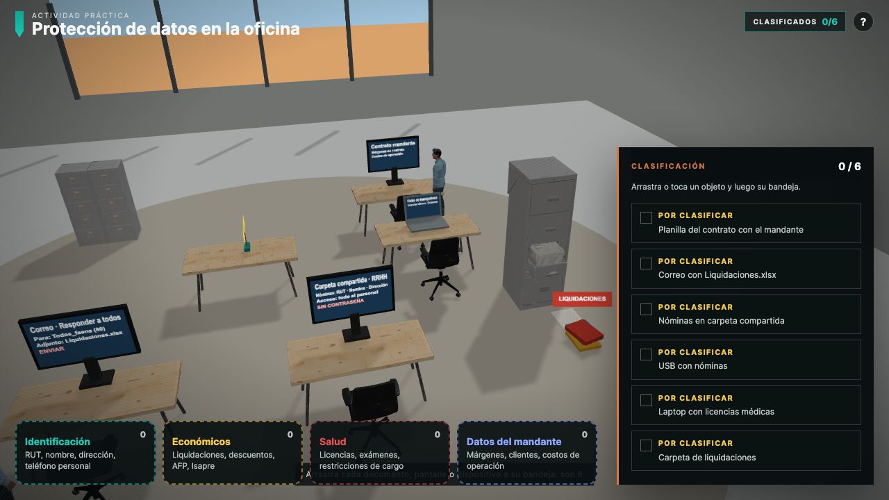 Oficina 3D real con las cuatro bandejas de clasificación de datos