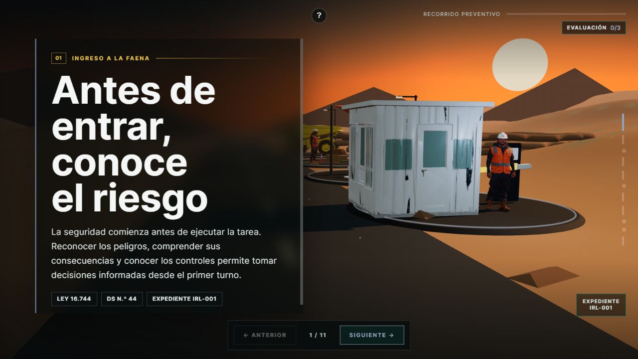Escenario real del recorrido IRL con caseta, trabajador y equipos mineros